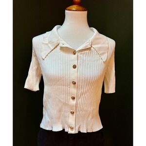 Assual Ribbed Ivory Short Sleeve Button Down Top Women's‎ Size S